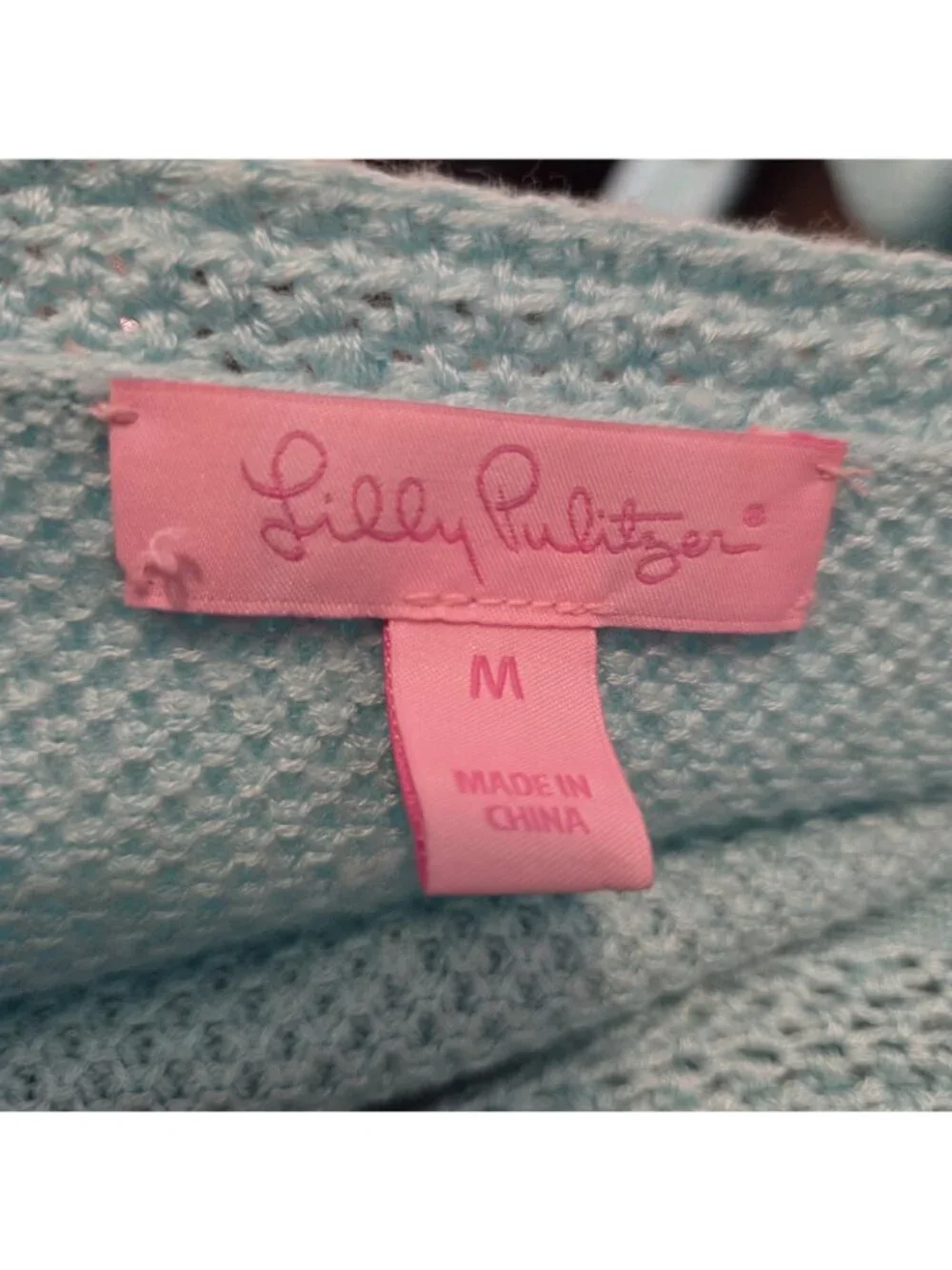 Lilly Pulitzer Aqua Blue Crochet V-Neck Tunic Wool Sweater Womens Medium - Picture 2 of 3